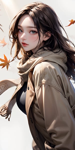 (solo),1girl\(long brown hair, cute, autumnal attire, scarf, coat, boots, pinching leaves\(which are shining golden through the sunlight),full body\\),(from side:1.3), long shot, simple minimalism white background, BREAK ,quality\(masterpiece, best quality,8k,wallpaper of extremely detailed CG unit, high resolution, top-quality, top-quality real texture skin, hyper realistic, increase the resolution, RAW photos, best quality, highly detailed, the wallpaper,golden ratio,high saturation realism, vibrant colors, dramatic lighting, persuasive storytelling, atmospheric scenery, captivating visuals, intricate details, strong emotions,dreamlike world\),Mizuki_Lin