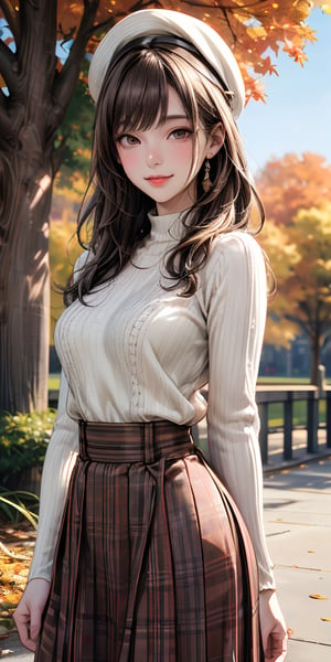 My Grandmother、Shiny golden hair, Long Hair, (Beautiful brown eyes、Shining Eyes, fine grain)、smile、Very detailed eyes、Highly detailed face, Highly detailed eyes,Cowboy Shot、 A woman is standing, Mature Woman, /(Rib knit) /(Red checked skirt/) beret, /(Brown Hair/) bangs,  (Top quality masterpiece:1.2) Elegant illustration, Super detailed, Put your arms down and break /(Outdoors in the park/) Brick Road, Autumn leaves on the tree々, Detailed Background