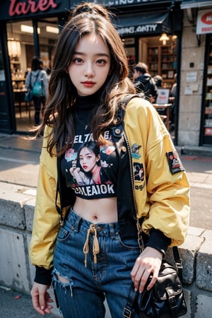 1girl, most beautiful korean girl, Korean beauty model, stunningly beautiful girl, gorgeous girl, 20yo, over sized eyes, big eyes, smiling, looking at viewer, dark gothic cyberpunk woman, defiant face, pastel colors, in clothes, colorful hair, light yellow sweatshirt, pants, black, with pink, guns hd, high detail, huoshen, TheLastOfUs, mgln,masterpiece