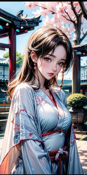 ((animestyle, digitalart, 4k)), (rich colors), ((film grain)), (sun light), ((japanese temple background)), (sakura blossom),(lighting on sky) forest nearby, (wind with sakura flowers), ((model shot)),(((1girl/))), ((shenhe)), ,((hot body)),(white robe, flower pattern),  quiet atmo, ,shenhe2,close up,Mizuki_Lin, upper body