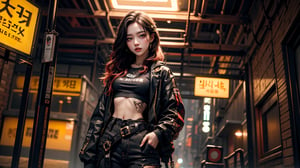 1girl, most beautiful korean girl, Korean beauty model, stunningly beautiful girl, gorgeous girl, 20yo, Avant-garde hairstyles, looking at viewer, dark gothic cyberpunk woman, defiant face, pastel colors, in clothes, colorful hair, light yellow sweatshirt, pants, high detail, huoshen, TheLastOfUs, mgln,masterpiece, upper body photo, (from head to waist photo), from below:1.3