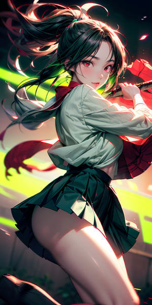 Japanese Anime,Second Dimension,Japanese Anime,(1 girl swinging a tachi, spear, whip),White long hair,Anime style,body movements,(((red eyes:1.1))),(((Black pleated skirt))),Elegant Posture、Red Moon、dark purple tones,Elegant and atmospheric。,(((Fluorescent green whip：1.37。Motion blurred,Motion Blur))),Petals in the sky,Blurred foreground,((close up from random angle shot)), 