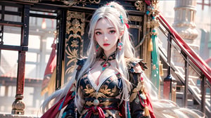 best quality, masterpiece, beautiful and aesthetic, 16K, (HDR:1.4), high contrast, Photorealistic, masutepiece, Photorealistic, High resolution, Soft light, hips up high, Blue eyes, White hair, high ponytail, Intricate details EABA, cloaks, spear, Samurai, armor, Japanese Katana Sword, Warrior, Samurai Helmet、beautiful anime woman, anime goddess, keqing from genshin impact, a beautiful fantasy empress、A bell hangs on his chest、Japanese style costume,More Detail,girl,1girl, swordup, dynamic photography, from below:1.3,1 girl,Mizuki_Lin