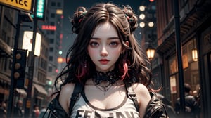 1girl, most beautiful korean girl, Korean beauty model, stunningly beautiful girl, gorgeous girl, 20yo, over sized eyes, Avant-garde hairstyles, looking at viewer, dark gothic cyberpunk woman, defiant face, pastel colors, in clothes, colorful hair, light yellow sweatshirt, pants, black, with pink, guns hd, high detail, huoshen, TheLastOfUs, mgln,masterpiece, upper body photo, (from head to waist photo), from below:1.3