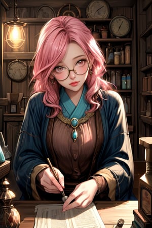 a fantasy magical shop which has a pink haired glasses clumsy girl as shopkeeper. Her store is filled with magic potions, books, papers, magical equipment etc. Her shop is made out of wood and gives the vibe of old shops filled with junk.
A digital painting of a pink-haired girl with glasses, clumsily managing a fantasy magical shop filled with potions, books, papers, and magical equipment. The shop has wooden walls and an old, junk-filled charm. The background features a cozy, cluttered interior with glowing potions and magical artifacts. Created Using: digital painting, warm color palette, detailed textures, dynamic composition, whimsical style, atmospheric lighting, intricate detailing, realistic elements, hd quality, natural look.

HD, 8K, Best Perspective, Best Lighting, Best Composition, Good Posture, High Resolution, High Quality, 4K Render, Highly Denoised, Clear distinction between object and body parts, Masterpiece, Beautiful face, 
Beautiful body, smooth skin, glistening skin, highly detailed background, highly detailed clothes, 
highly detailed face, beautiful eyes, beautiful lips, cute, beautiful scenery, gorgeous, beautiful clothes, best lighting, cinematic , great colors, great lighting, masterpiece, Good body posture, proper posture, correct hands, fantasy_shop, wooden_shop_interior, pink_haired_shopkeeper, clumsy_shopkeeper, glasses, magical world,Mizuki_Lin, 1girl, solo, 