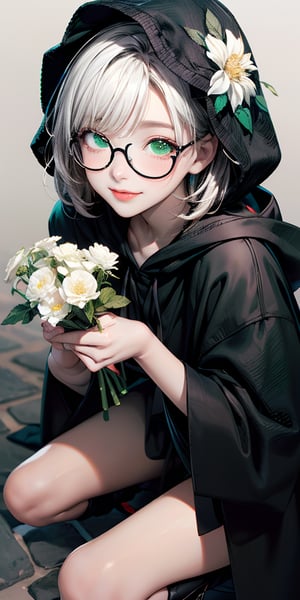 1girl\(cute, kid, white skin, pale skin,(wearing ((simple)) black hood:1.4),(black robe\(hood,white embroidery flower pattern, at edge\):1.3), ((white frilly dress)), (wearing black glasses:1.4), (((green eyes))), black boots, white hair, bangs, short bob hair,smile, holding teddybear\(brown,fluffy\),dynamic pose\), BREAK ,isometric view, BREAK ,quality\(masterpiece, best quality,8k,wallpaper of extremely detailed CG unit, high resolution, top-quality, top-quality real texture skin, hyper realistic, increase the resolution, RAW photos, best quality, highly detailed, the wallpaper,golden ratio\),dynamic angle,Mizuki_Lin