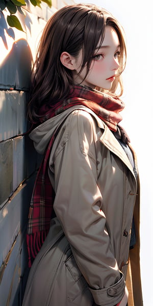 (solo),1girl\(long brown hair, cute, autumnal attire, scarf, coat, boots, pinching leaves\(which are shining golden through the sunlight),full body\\),(from side:1.3), long shot, simple minimalism white background, BREAK ,quality\(masterpiece, best quality,8k,wallpaper of extremely detailed CG unit, high resolution, top-quality, top-quality real texture skin, hyper realistic, increase the resolution, RAW photos, best quality, highly detailed, the wallpaper,golden ratio,high saturation realism, vibrant colors, dramatic lighting, persuasive storytelling, atmospheric scenery, captivating visuals, intricate details, strong emotions,dreamlike world\),Mizuki_Lin