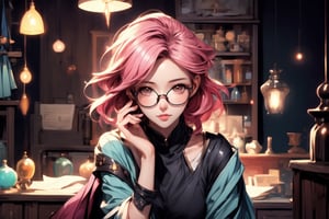 a fantasy magical shop which has a pink haired glasses clumsy girl as shopkeeper. Her store is filled with magic potions, books, papers, magical equipment etc. Her shop is made out of wood and gives the vibe of old shops filled with junk.

A digital painting of a pink-haired girl with glasses, clumsily managing a fantasy magical shop filled with potions, books, papers, and magical equipment. The shop has wooden walls and an old, junk-filled charm. The background features a cozy, cluttered interior with glowing potions and magical artifacts. Created Using: digital painting, warm color palette, detailed textures, dynamic composition, whimsical style, atmospheric lighting, intricate detailing, realistic elements, hd quality, natural look.

HD, 8K, Best Perspective, Best Lighting, Best Composition, Good Posture, High Resolution, High Quality, 4K Render, Highly Denoised, Clear distinction between object and body parts, Masterpiece, Beautiful face, 
Beautiful body, smooth skin, glistening skin, highly detailed background, highly detailed clothes, 
highly detailed face, beautiful eyes, beautiful lips, cute, beautiful scenery, gorgeous, beautiful clothes, best lighting, cinematic , great colors, great lighting, masterpiece, Good body posture, proper posture, correct hands, 
correct fingers, right number of fingers, clear image, face expression should be good, clear face expression, correct face , correct face expression, better hand position, realistic hand position, realistic leg position, no leg deformed, 
perfect posture of legs, beautiful legs, perfectly shaped leg, leg position is perfect, proper hand posture, no hand deformation, no weird palm angle, no unnatural palm posture, no fingers sticking to each other, clear different between fingers of the hand, 

fantasy_shop, wooden_shop_interior, pink_haired_shopkeeper, clumsy_shopkeeper, glasses, magical world, 