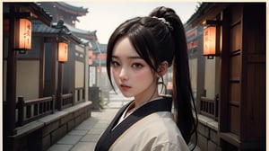 (masterpiece), (solo, looking at viewers ), 1 Japanese beauty, white long hair:1.2, Combat hairstyle, high ponytail, attractive , in the dark night, (Japanese samurai outerwear with amor) ,(highly detailed background of ancient Japanese achitechture) ,a traditional Japanese art,Mizuki_Lin, upper body,