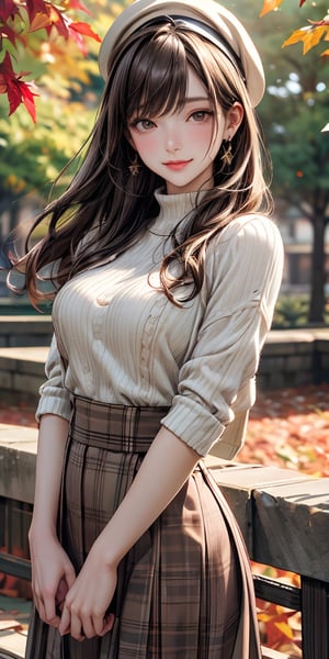 My Grandmother、Shiny golden hair, Long Hair, (Beautiful brown eyes、Shining Eyes, fine grain)、smile、Very detailed eyes、Highly detailed face, Highly detailed eyes,Cowboy Shot、 A woman is standing, Mature Woman, /(Rib knit) /(Red checked skirt/) beret, /(Brown Hair/) bangs,  (Top quality masterpiece:1.2) Elegant illustration, Super detailed, Put your arms down and break /(Outdoors in the park/) Brick Road, Autumn leaves on the tree々, Detailed Background