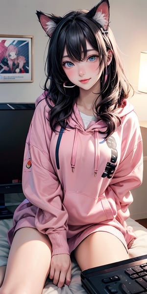 /imagine a beautiful anime girl live streaming from her room, with long black hair, big blue eyes, wearing an oversized pink hoodie and a cute headset with cat ears, sitting in front of a modern computer setup with colorful LED lights, surrounded by plushies and posters on the wall, engaging with her audience, bright and cheerful atmosphere, ((oversized pink hoodie with long hem, no pants)), 　