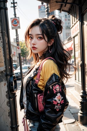 1girl, most beautiful korean girl, Korean beauty model, stunningly beautiful girl, gorgeous girl, 20yo, over sized eyes, big eyes, looking at viewer, dark gothic cyberpunk woman, defiant face, pastel colors, in clothes, colorful hair, light yellow sweatshirt, pants, black, with pink, guns hd, high detail, huoshen, TheLastOfUs, mgln,masterpiece