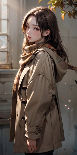 (solo),1girl\(long brown hair, cute, autumnal attire, scarf, coat, boots, pinching leaves\(which are shining golden through the sunlight),full body\\),(from side:1.3), long shot, simple minimalism white background, BREAK ,quality\(masterpiece, best quality,8k,wallpaper of extremely detailed CG unit, high resolution, top-quality, top-quality real texture skin, hyper realistic, increase the resolution, RAW photos, best quality, highly detailed, the wallpaper,golden ratio,high saturation realism, vibrant colors, dramatic lighting, persuasive storytelling, atmospheric scenery, captivating visuals, intricate details, strong emotions,dreamlike world\),Mizuki_Lin