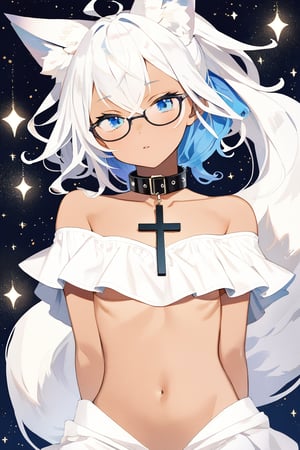 masterpiece, best quality,Tekeli,white fox ears,animal ear fluff,white fox tail,white hair,blue inner hair,long ponytail,sidelocks,(blue eyes:1.3),blue_glasses,fashion,crucifix_collar,blush,off-shoulder,flat chest,otoko no ko,((tanned skin,wheatish complexion,dark skin))