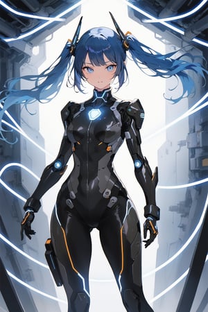 A female mecha pilot,black Tight-fitting pilot suit,blue Ponytail,blue hair,,Thick bangs,Socket,Neural interface,Visual information,Initiate,masterpiece, best quality, aesthetic,glow,LED strip,EL wire