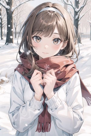 masterpiece,A lovely girl,light brown_longhair,brown_bright eyes,Gentle expression,jkseifuku,Black_headband,red_scarf,snow,Falling snowflakes,winter,（Warm light：1.2）,（Warm tones：1.4）,:)