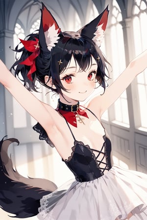 masterpiece, best quality, aesthetic,1girl,solo,Tekeli,black fox ears,animal ear fluff,black fox tail,black hair,red inner hair,(short ponytail:1.4),sidelocks,(red eyes:1.3),fashion,cat_collar,blush,church,natural light,bless you,cross hair accessory,smile,closed mouth,open arms,spread armpit