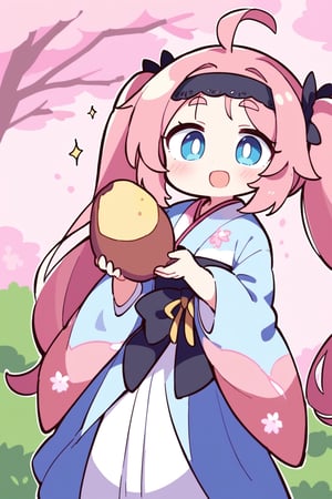 masterpiece, best quality,Pretty woman,（Pale pink twintails1.2）,Black bow headband,Thin eyebrows,light blue eyes,（Sakura kimono：1.4）,Long skirts,Touched smile,gentle smile,Facial flushing,Cherry blossom,thick bangs,((Holding up a sweet potato,Holding a sweet potato,look of admiration)),sparkle,Making an entrance,Focused attention_potato