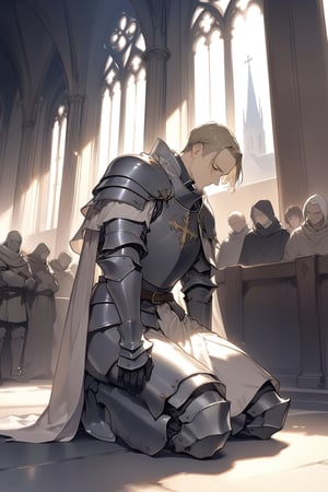 masterpiece,  best quality,  aesthetic ,a Mature man_knight in full armor,head down,church,knight's kneeling