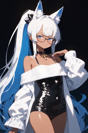 score_9, score_8, score_7,masterpiece, best quality,Tekeli,white fox ears,animal ear fluff,white fox tail,white hair,blue inner hair,long ponytail,sidelocks,((white eyelashes)),(blue eyes:1.3),blue_glasses,fashion,crucifix_collar,blush,off-shoulder,flat chest,otoko no ko,((tanned skin,wheatish complexion,dark skin))