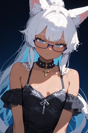 score_9, score_8, score_7,masterpiece, best quality,Tekeli,white fox ears,animal ear fluff,white fox tail,white hair,blue inner hair,long ponytail,sidelocks,((white eyelashes)),(blue eyes:1.3),blue_glasses,fashion,crucifix_collar,blush,off-shoulder,flat chest,otoko no ko,((tanned skin,wheatish complexion,dark skin))