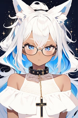 masterpiece, best quality,Tekeli,white fox ears,animal ear fluff,white fox tail,white hair,blue inner hair,long ponytail,sidelocks,(blue eyes:1.3),blue_glasses,fashion,crucifix_collar,blush,off-shoulder,flat chest,otoko no ko,((tanned skin,wheatish complexion,dark skin))