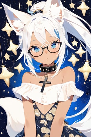 masterpiece, best quality,Tekeli,white fox ears,animal ear fluff,white fox tail,white hair,blue inner hair,long ponytail,sidelocks,(blue eyes:1.3),blue_glasses,fashion,crucifix_collar,blush,off-shoulder,flat chest,otoko no ko,((tanned skin,wheatish complexion,dark skin))