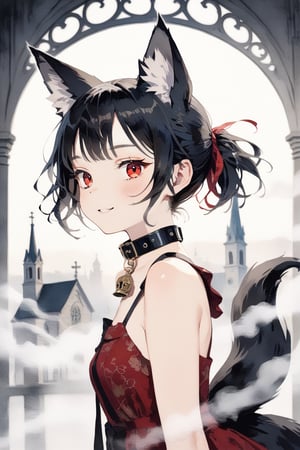 masterpiece, best quality, aesthetic,art nouveau,1girl,solo,Tekeli,black fox ears,animal ear fluff,black fox tail,black hair,red inner hair,short ponytail,sidelocks,(red eyes:1.3),fashion,cat_collar,blush,scenery, ((fog,Haze,Gloom)),blurry background,blurry foreground,A digital double exposure photo,looking at viewer,:>,smile,Realistic,Backlit,church bell,impasto style