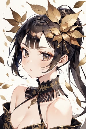 masterpiece, best quality, aesthetic,a sexy woman,((black lang hair)),hair ornament,straight eyebrows,brown-toned makeup,brown makeup look,thick bangs,ponytail holder,fringe,narrow eyes,golden leaf