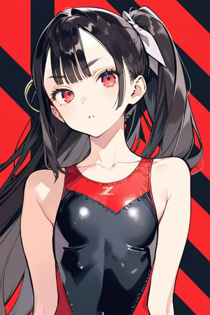 masterpiece, best quality,aesthetic,A mature woman,Sister,Thick brows,(diagonal bangs:1.2),ponytail,hair ribbon,black Smooth long hairred,black straight hair BREAK (red competition swimsuit:1.4),(full shot:1.6),looking at viewer,(mole under eye:1.2),diagonal bangs,Geometric creative background

