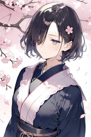 masterpiece, best quality, aesthetic,a mature woman,hair over one eye,samurai,（vintage jkseifuku：1.2）,black short hair,sakura