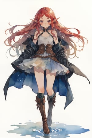 masterpiece, best quality, aesthetic,1girl,solo,elf,tareme,thick eyebrows,[yellow|red] hair,lang hair,hair tie,leather boots,long fall boots,pelvic curtain,,watercolor \(medium\),simple background,watercolor \(medium\)