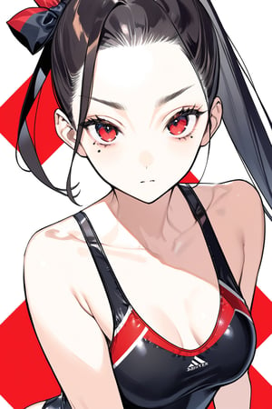 masterpiece, best quality,aesthetic,A mature woman,Sister,Thick brows,(diagonal bangs:1.2),ponytail,hair ribbon,black Smooth long hairred,black straight hair BREAK (red competition swimsuit:1.4),(full shot:1.4),looking at viewer,(mole under eye:1.2),diagonal bangs,Geometric creative background

