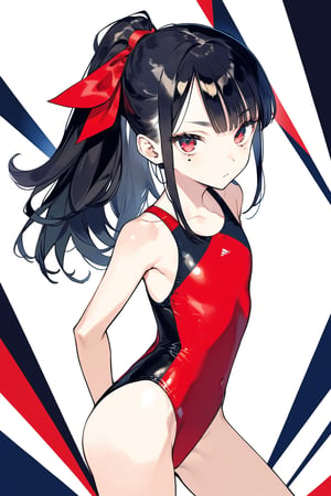 masterpiece, best quality,aesthetic,A mature woman,Sister,Thick brows,(diagonal bangs:1.2),ponytail,hair ribbon,black Smooth long hairred,black straight hair BREAK (red competition swimsuit:1.4),(full shot:1.6),looking at viewer,(mole under eye:1.2),diagonal bangs,Geometric creative background

