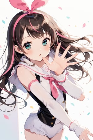 masterpiece, best quality, aesthetic,1girl,solo,((Kizuna AI)),brown hair,pink hair band,aqua_eyes ,arm warmers