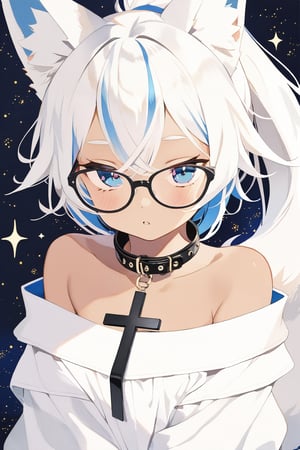 masterpiece, best quality,Tekeli,white fox ears,animal ear fluff,white fox tail,white hair,blue inner hair,long ponytail,sidelocks,(blue eyes:1.3),blue_glasses,fashion,crucifix_collar,blush,off-shoulder,flat chest,otoko no ko,((tanned skin,wheatish complexion,dark skin))