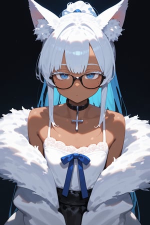 score_9, score_8, score_7,masterpiece, best quality,Tekeli,white fox ears,animal ear fluff,white fox tail,white hair,blue inner hair,long ponytail,sidelocks,((white eyelashes)),(blue eyes:1.3),blue_glasses,fashion,crucifix_collar,blush,off-shoulder,flat chest,otoko no ko,((tanned skin,wheatish complexion,dark skin))