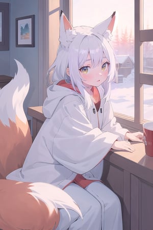 masterpiece, best quality, aesthetic,a fox girl,child,white hair,lang hair,amber eyes,Look out the window,winter landscape,Cozy,dusk,indoors,watercolor \(medium\),Color Booster,perfect light,High saturation
