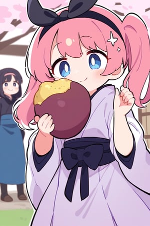 masterpiece, best quality,Pretty woman,（Pale pink twintails1.2）,Black bow headband,Thin eyebrows,light blue eyes,（Sakura kimono：1.4）,Long skirts,Touched smile,gentle smile,Facial flushing,Cherry blossom,thick bangs,((Holding up a sweet potato,Holding a sweet potato,look of admiration)),sparkle,Making an entrance,Focused attention_potato