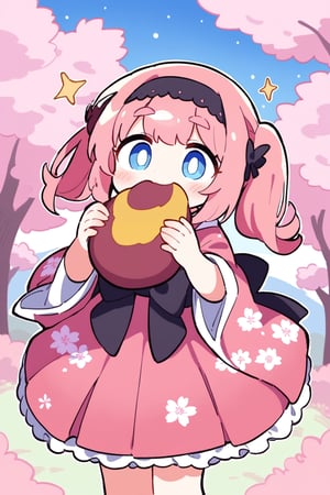 masterpiece, best quality,Pretty woman,（Pale pink twintails1.2）,Black bow headband,Thin eyebrows,light blue eyes,（Sakura kimono：1.4）,Long skirts,Touched smile,gentle smile,Facial flushing,Cherry blossom,thick bangs,((Holding up a sweet potato,Holding a sweet potato,look of admiration)),sparkle,Making an entrance,Focused attention_potato