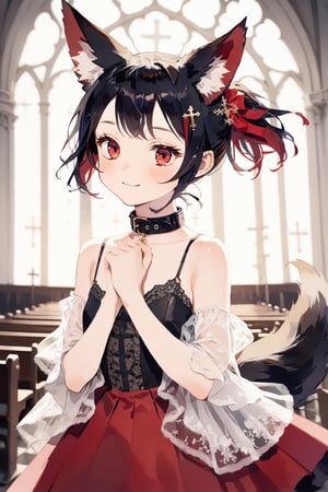 masterpiece, best quality, aesthetic,1girl,solo,Tekeli,black fox ears,animal ear fluff,black fox tail,black hair,red inner hair,(short ponytail:1.4),sidelocks,(red eyes:1.3),fashion,cat_collar,blush,church,natural light,bless you,cross hair accessory,smile,closed mouth,open arms