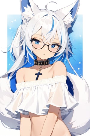 masterpiece, best quality,Tekeli,white fox ears,animal ear fluff,white fox tail,white hair,blue inner hair,long ponytail,sidelocks,(blue eyes:1.3),blue_glasses,fashion,crucifix_collar,blush,off-shoulder,flat chest,otoko no ko,tanned skin,wheatish complexion