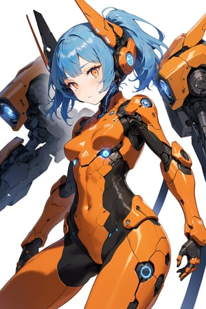 A female mecha pilot,black and orange Tight-fitting pilot suit,blue Ponytail,blue hair,,Thick bangs,Socket,Neural interface,Visual information,Initiate,masterpiece, best quality, aesthetic,glow,LED strip,EL,cyborg