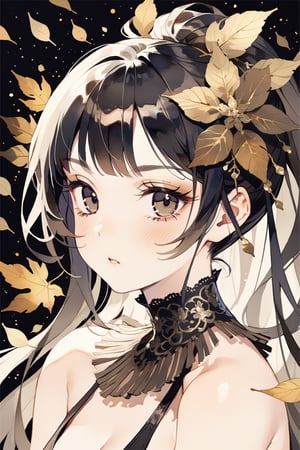masterpiece, best quality, aesthetic,a sexy woman,((black lang hair)),hair ornament,straight eyebrows,brown-toned makeup,brown makeup look,thick bangs,ponytail holder,fringe,narrow eyes,(golden leaf:0.6)