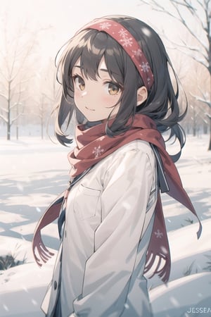 masterpiece,A lovely girl,light brown_longhair,brown_bright eyes,Gentle expression,jkseifuku,Black_headband,red_scarf,snow,Falling snowflakes,winter,（Warm light：1.4）,（Warm tones：1.4）,:),（depth of field：1.6）,200mm,f/2,depth of field,evening,（night：1.6）,depth of field