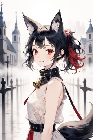 masterpiece, best quality, aesthetic,1girl,solo,Tekeli,black fox ears,animal ear fluff,black fox tail,black hair,red inner hair,short ponytail,sidelocks,(red eyes:1.3),fashion,cat_collar,blush,scenery, ((fog,Haze,Gloom)),blurry background,blurry foreground,A digital double exposure photo,looking at viewer,:>,smile,Realistic,Backlit,church bell,impasto style,natural light