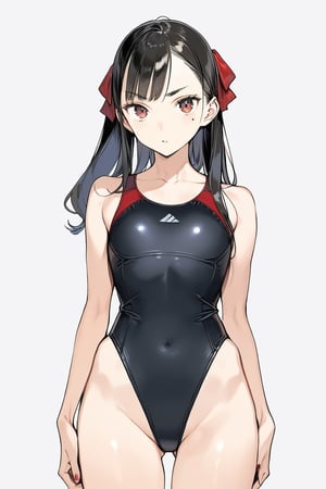 masterpiece, best quality,aesthetic,A mature woman,Sister,Thick brows,diagonal bangs,ponytail,hair ribbon,black Smooth long hairred,black straight hair BREAK (red competition swimsuit:1.2),medium full show,looking at viewer,mole under eye,diagonal bangs

