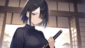 masterpiece, best quality, aesthetic,a mature woman,hair over one eye,samurai,vintage jkseifuku,black short hair,holding a katana,iaidou,dojo,undercut