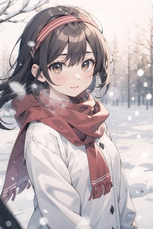 masterpiece,A lovely girl,light brown_longhair,brown_bright eyes,Gentle expression,jkseifuku,Black_headband,red_scarf,snow,Falling snowflakes,winter,（Warm light：1.4）,（Warm tones：1.4）,:),（depth of field：1.6）,200mm,f/2,depth of field,evening,（night：1.6）,depth of field