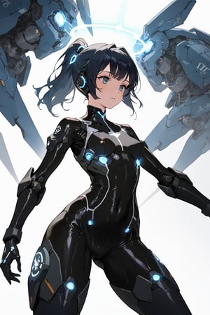 A female mecha pilot,black Tight-fitting pilot suit,blue Ponytail,Thick bangs,Socket,Neural interface,Visual information,Initiate,masterpiece, best quality, aesthetic,glow